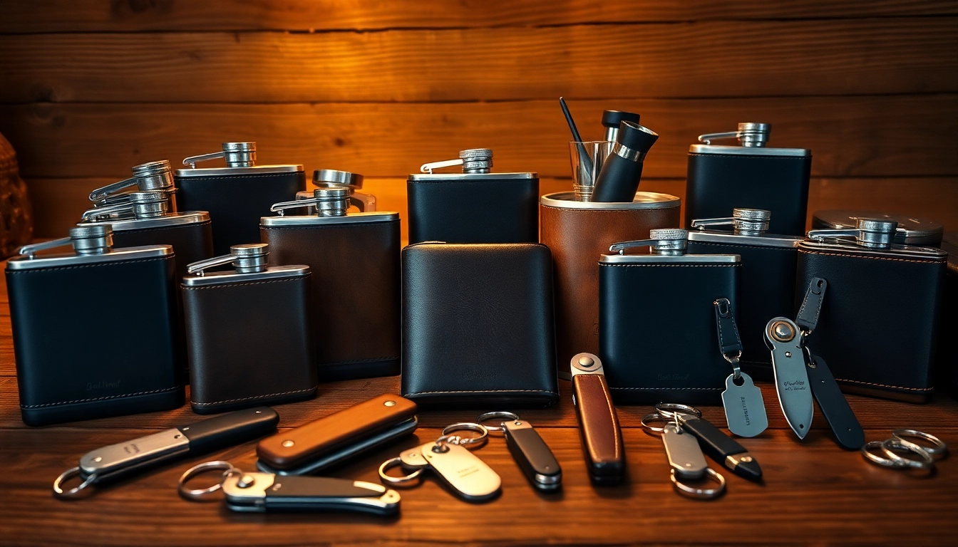 Showcasing a selection of cheap groomsmen gifts including personalized flasks and engraved keychains on a rustic table.