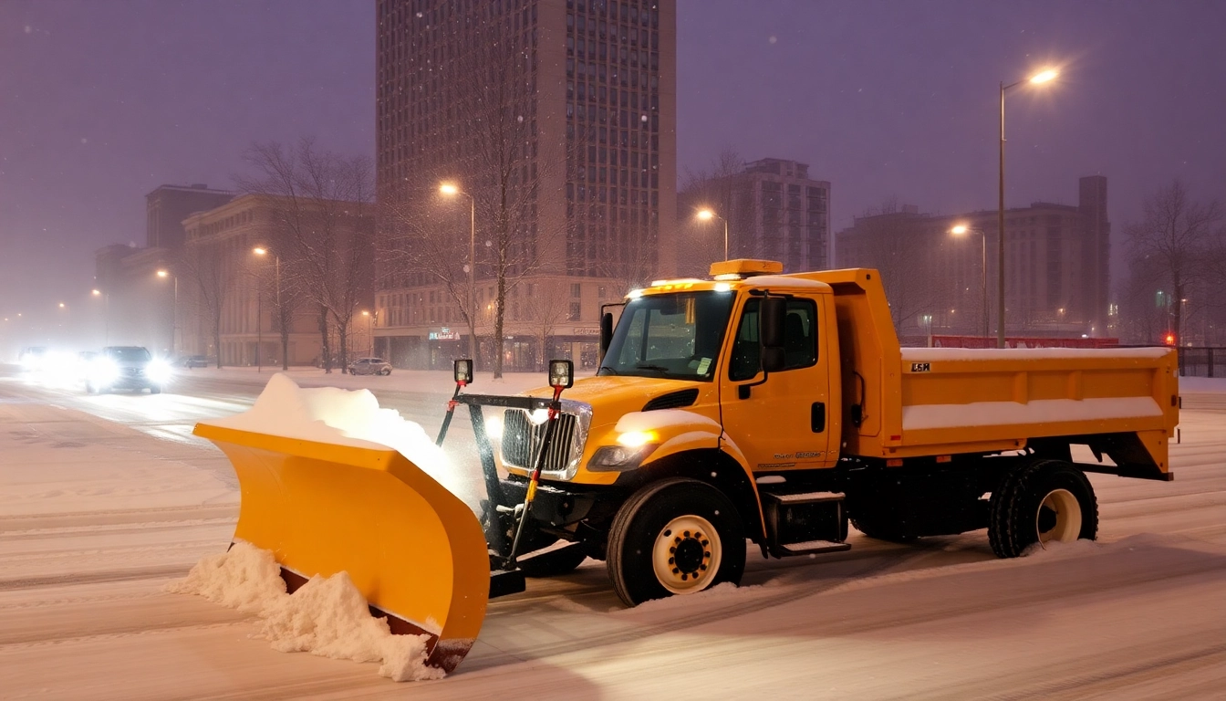 Efficient snow plowing service clearing roads of heavy snow in an urban setting.