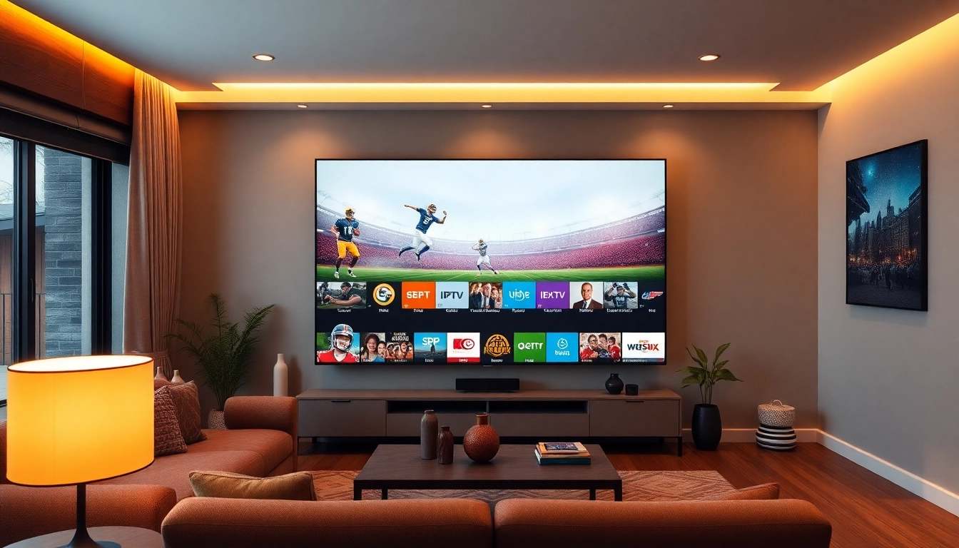 Explore premium abonnement iptv services with a family enjoying diverse channels in a stylish living room.