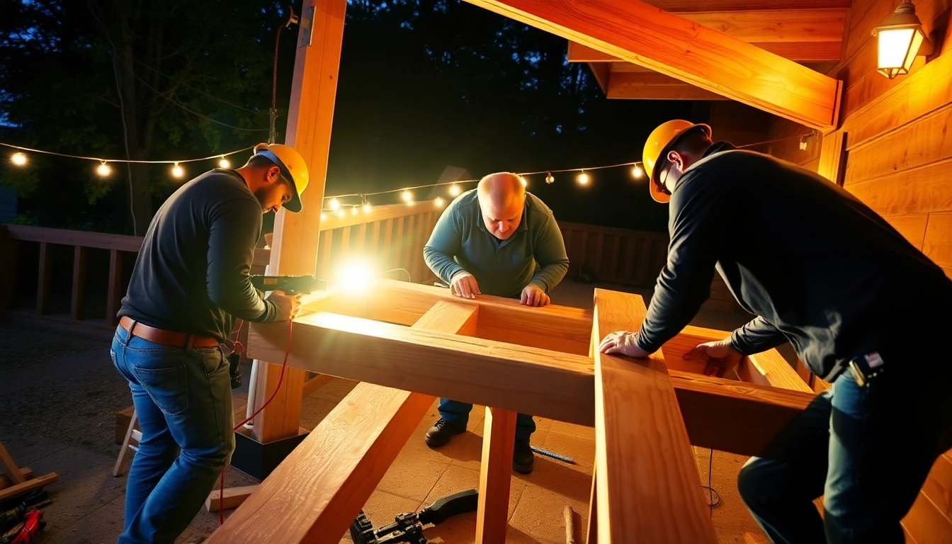 Deck construction in progress with skilled workers crafting a wooden deck, showcasing craftsmanship and attention to detail.