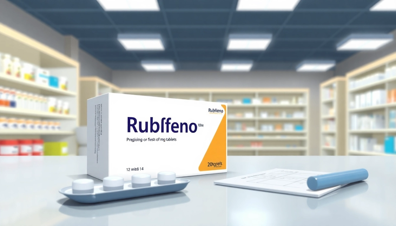 Showcase Rubifeno 10 mg tablets prominently on a prescription pad, highlighting their pharmaceutical packaging.