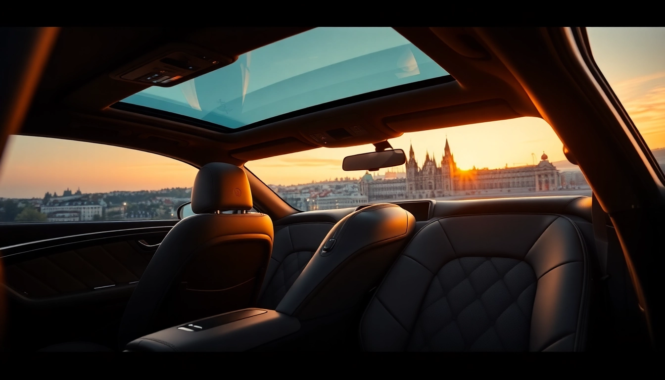 Enjoy a luxurious private car service in Prague featuring premium leather interior and city views.