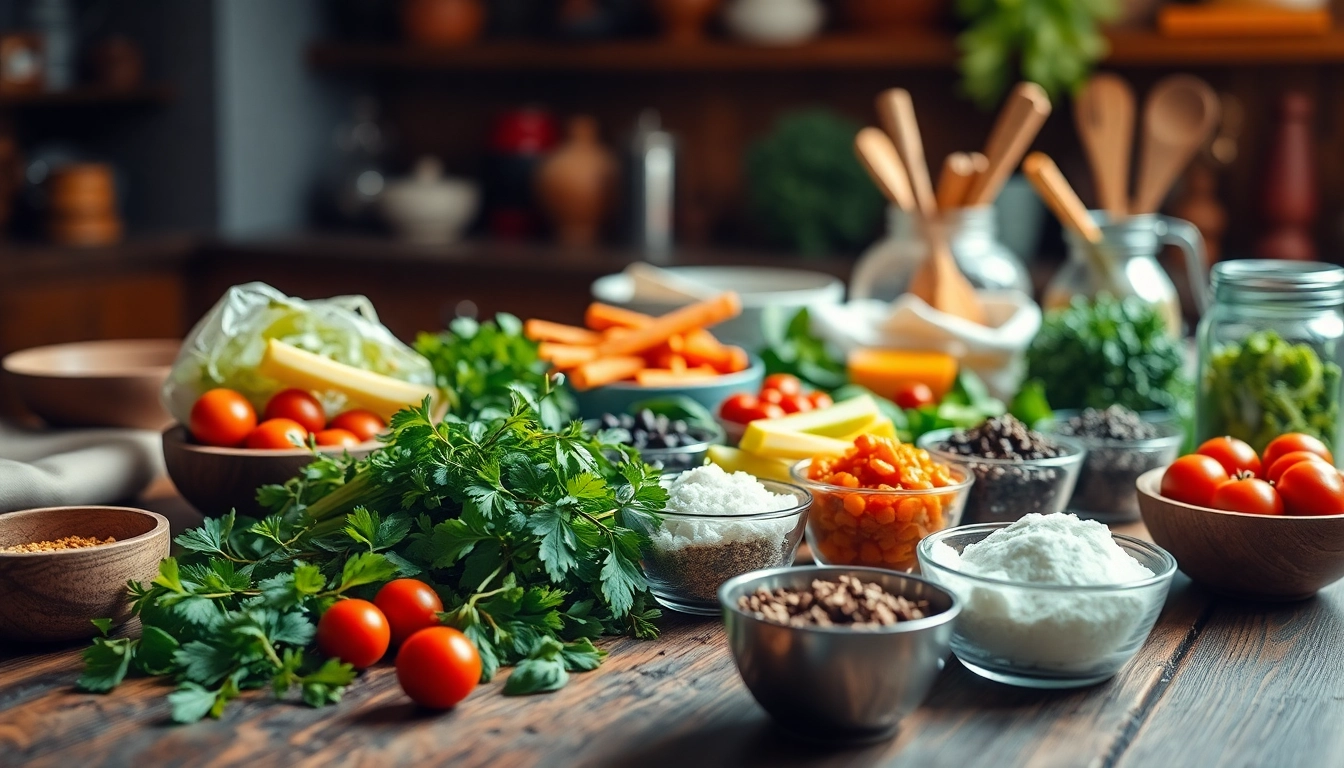 Engaging culinary scene representing dishfacts.com, featuring vibrant ingredients on a wooden table that inspire cooking.