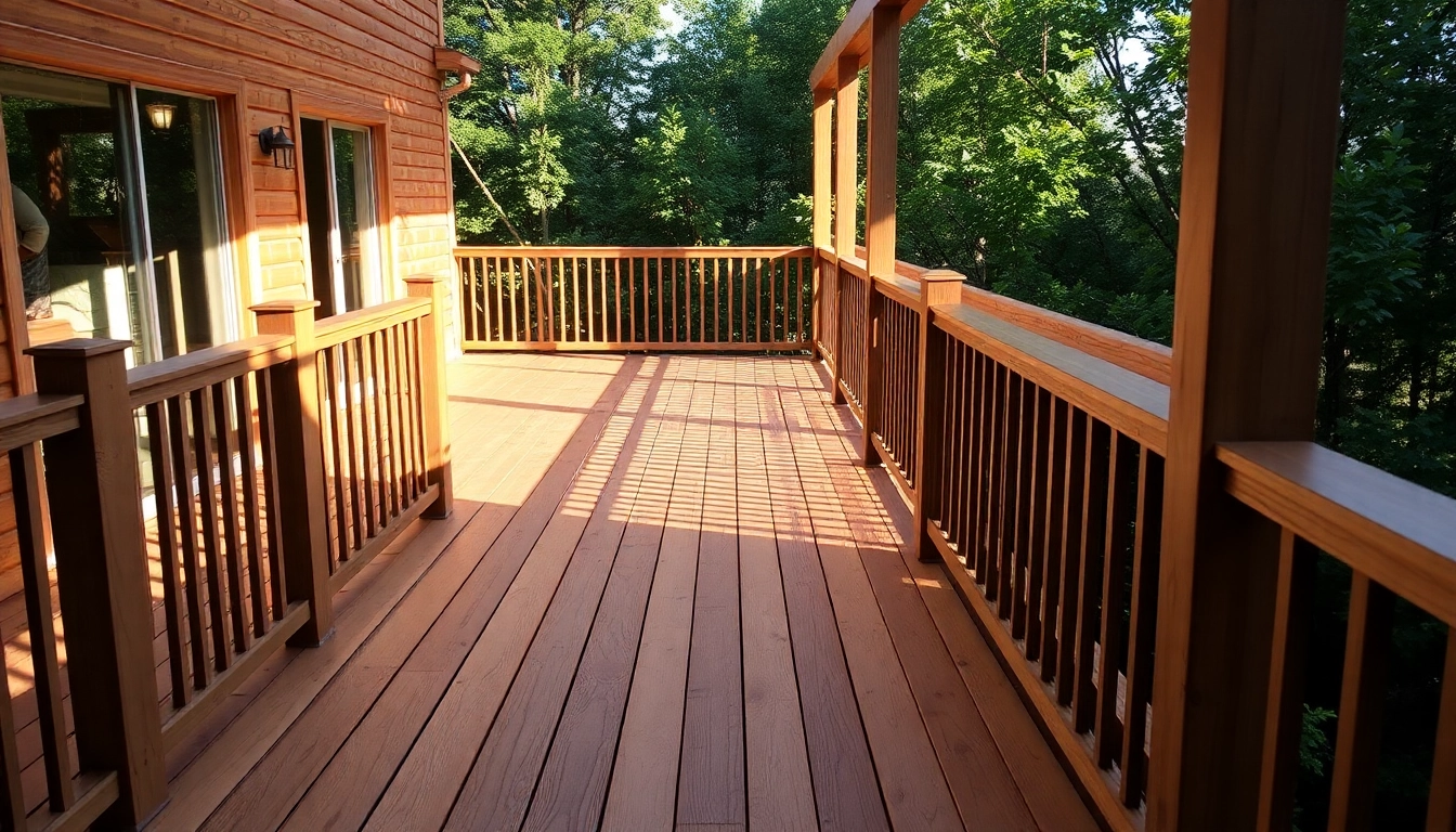 Showcasing deck construction, a well-built wooden deck highlighting elegant railings and a smooth finish.