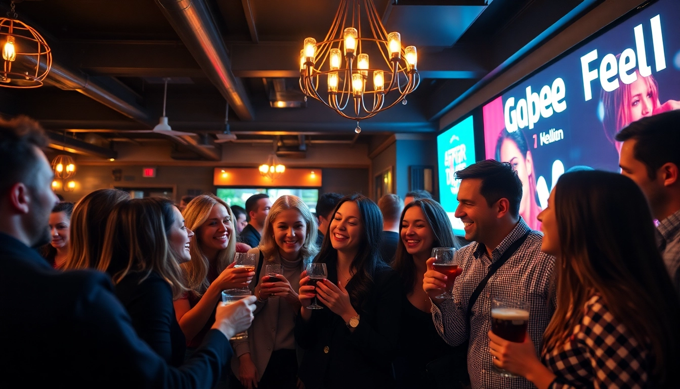 Guests enjoying an afterwork party in Berlin at a stylish bar with vibrant decor and warm lighting.