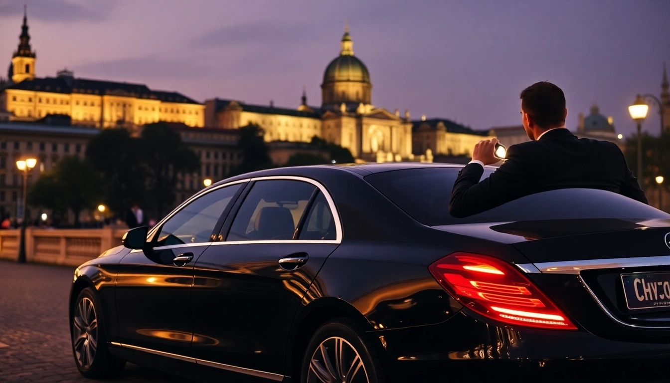 Experience the luxury private car service Prague with a stunning black sedan at a city landmark.