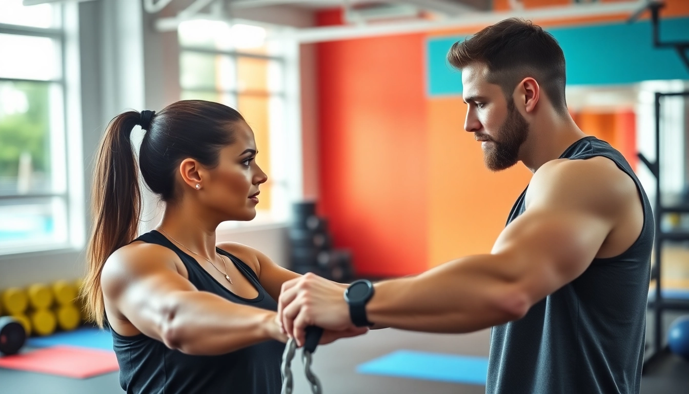 Effective Personal Trainer assisting a client with workout motivation and guidance in a bright gym setting.