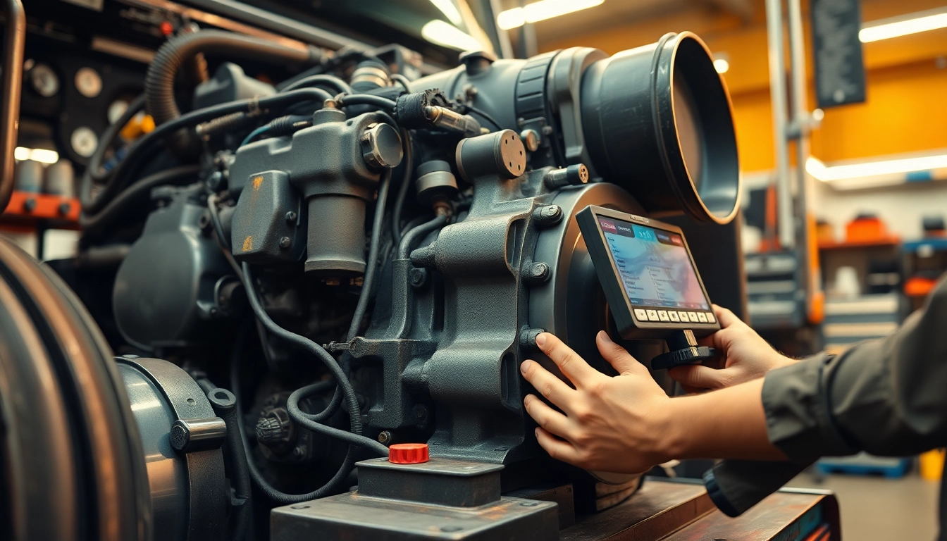 Performing comprehensive truck diagnostic and repair services on a heavy-duty engine in a bright garage.