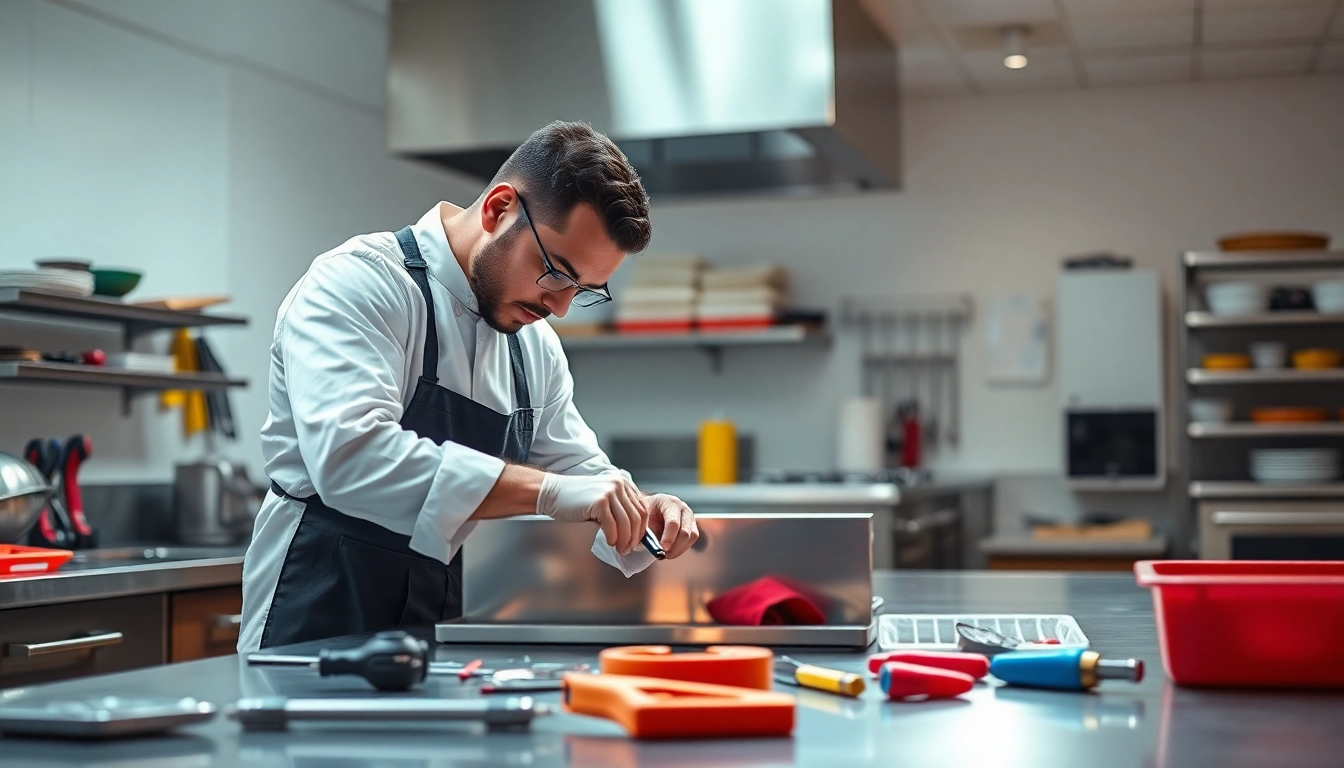 Technician conducting a chef base repair, enhancing kitchen equipment functionality.