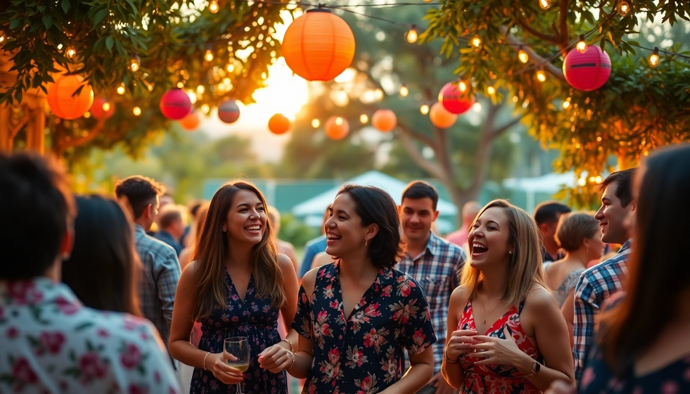 Guests celebrating a Unique Event outdoors, enjoying colorful decorations and lively ambiance.